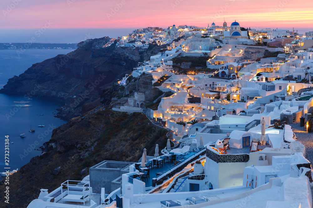 Unique  view of Oia, a small village on the edge of the caldera just after sunset, Santorini, Greece