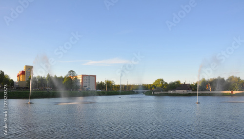 The lake with fountains at Lidsky Castle. Belarus