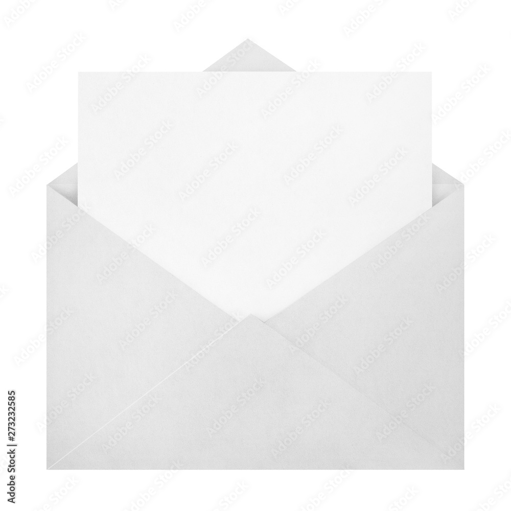 Open white envelope with a blank paper inside, isolated on white background - obrazy, fototapety, plakaty 