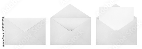 Set of white envelopes (sealed, empty and with a blank paper inside), isolated on white background