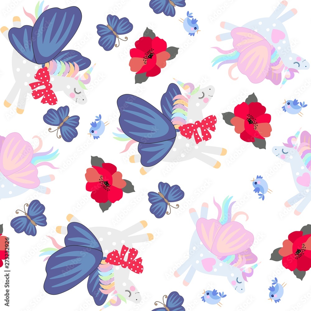 Funny flying unicorns with wings of butterflies and red poppy flowers isolated on white background. Seamless ornament. Funny flying unicorns with wings of butterflies and red poppy flowers isolated on white background. Seamless ornament.