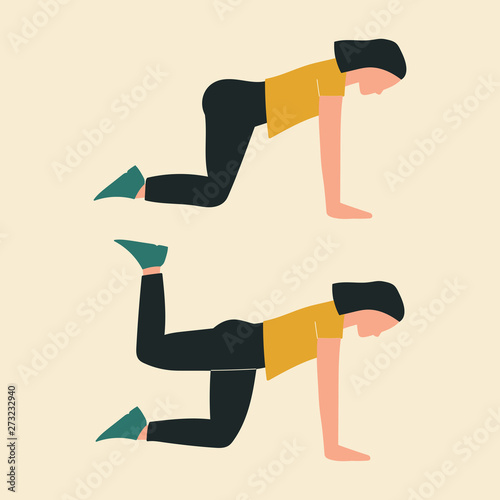Woman doing quadruped hip extensions. Illustrations of glute exercises and workouts. Flat vector illustration