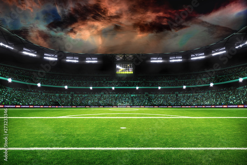 night soccer field with lights and spectors panorama 3d rendering