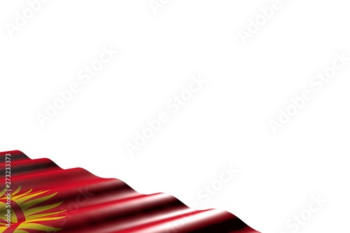 cute any feast flag 3d illustration. - shiny flag of Kyrgyzstan with big folds lying flat in left bottom corner isolated on white