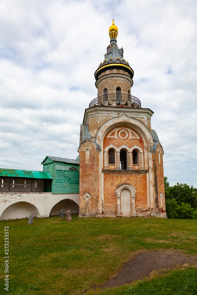 Svechnaya Tower and the wall of the Boris-Gleb Monastery in the city of Torzhok, Russia