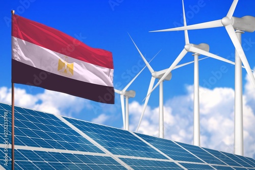 Egypt solar and wind energy, renewable energy concept with solar panels - renewable energy against global warming - industrial illustration, 3D illustration