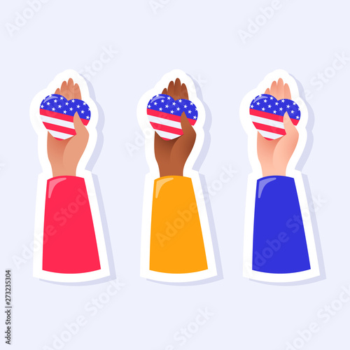 Hands holding hearts. 4th of July, United States Independence Day related symbols. Stars and Stripes. Flat design signs isolated on background