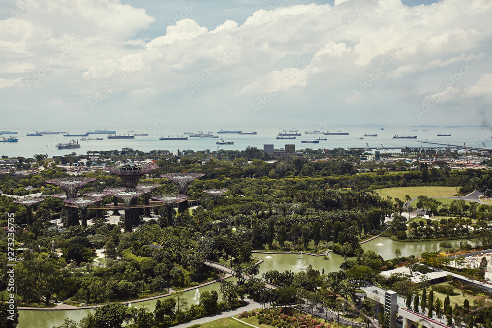 View over park in Singapore from above with ships in the distance	