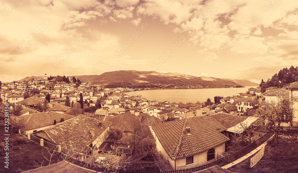 Sepia image of Ohrid Lake and town