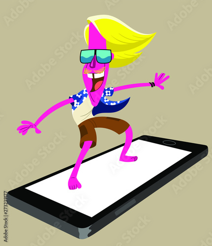 Happy surfer enjoying his cell phone