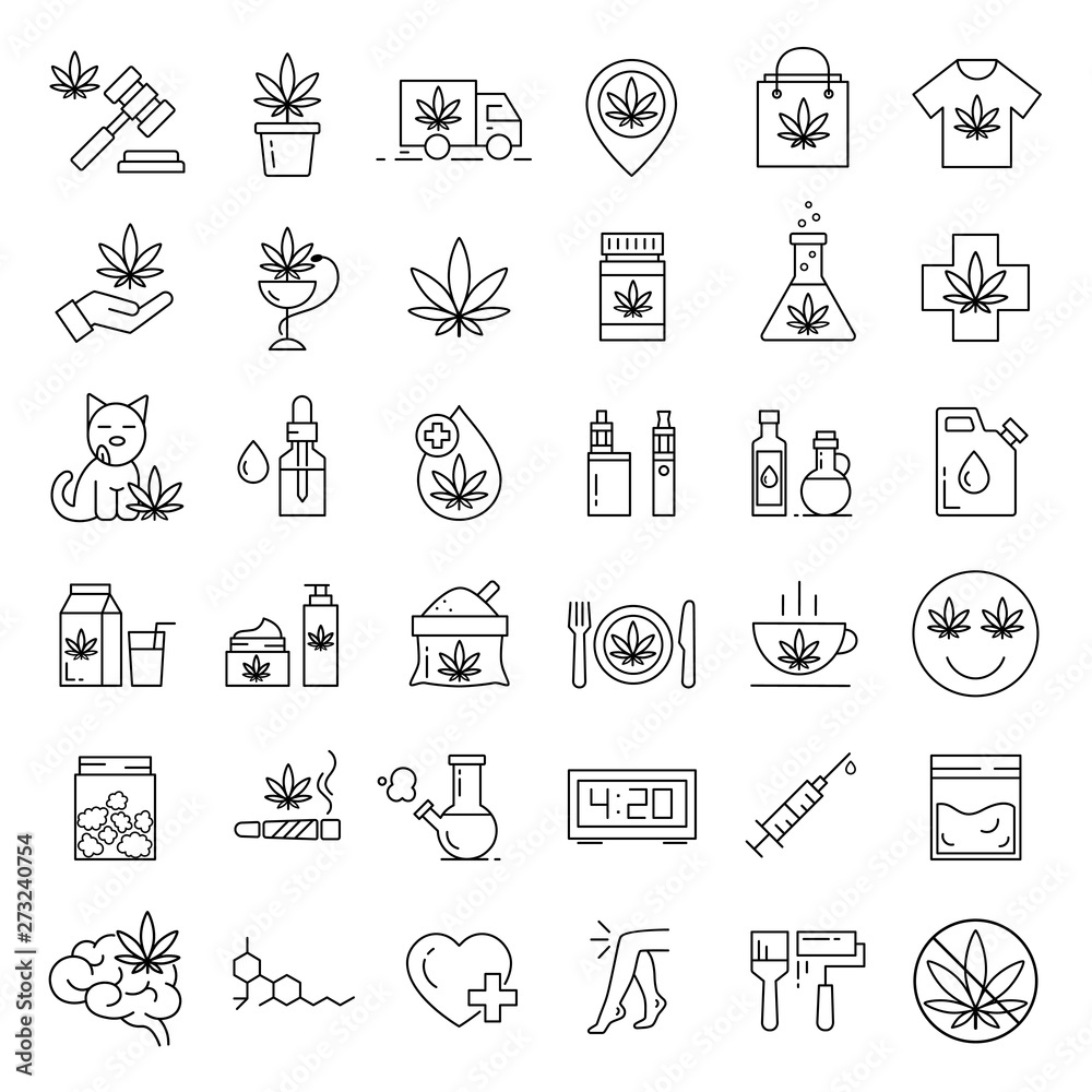 Marijuana icons. Set of medical cannabis icons. Drug consumption. Marijuana Legalization. Isolated vector illustration on white background.