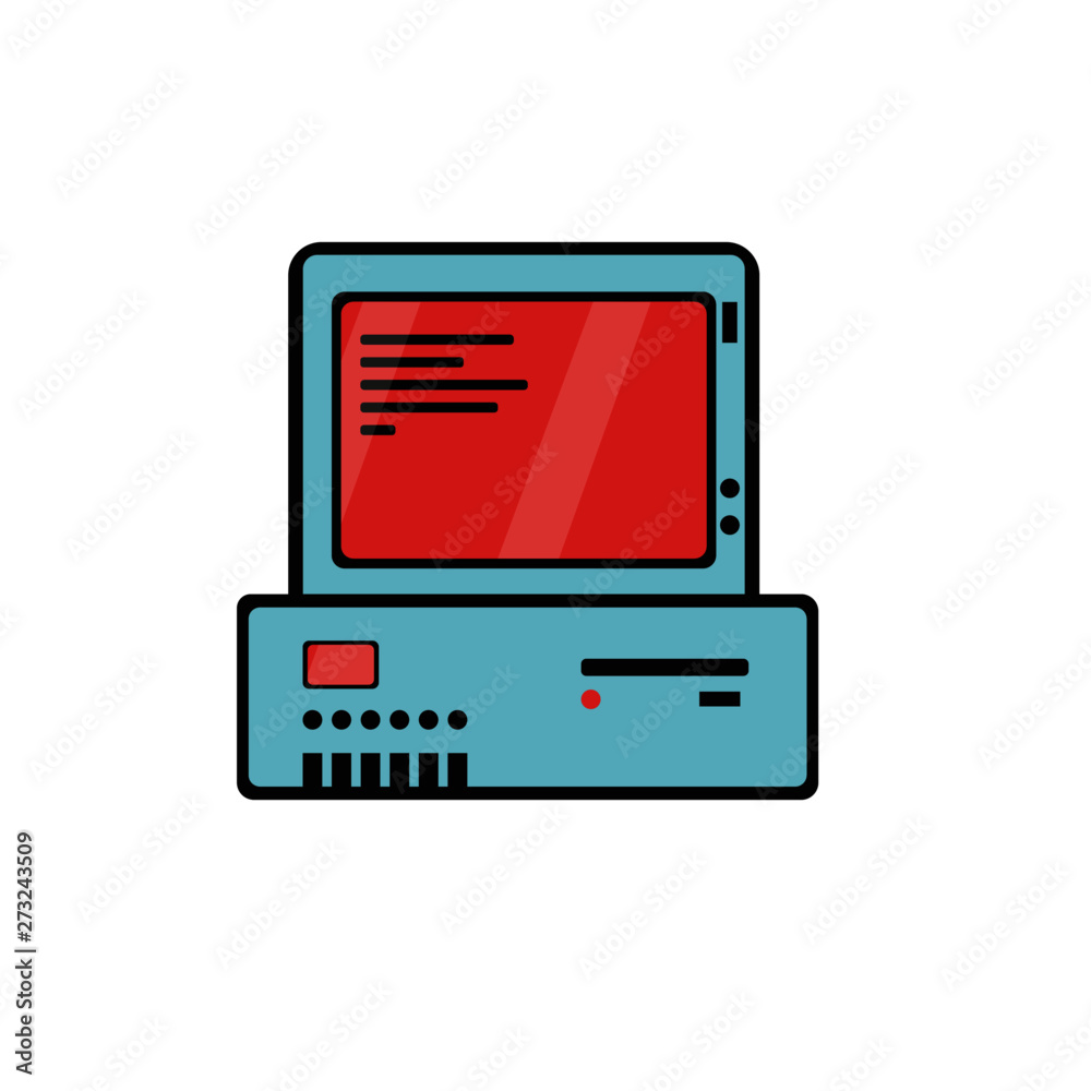 Old School Computer and monitor, 1980's style red and blue