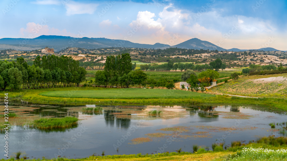 Obraz premium Ihsaniye, Afyonkarahisar/Turkey-June 08 2019: Phrygia Valley Natural Park (Frig Vadisi Tabiat Parki) with Lake Emre.