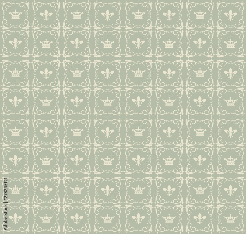 Old fashioned background, seamless pattern with crowns and floral patterns in the vintage style Old fashioned background, seamless pattern with crowns and floral patterns in the vintage style
