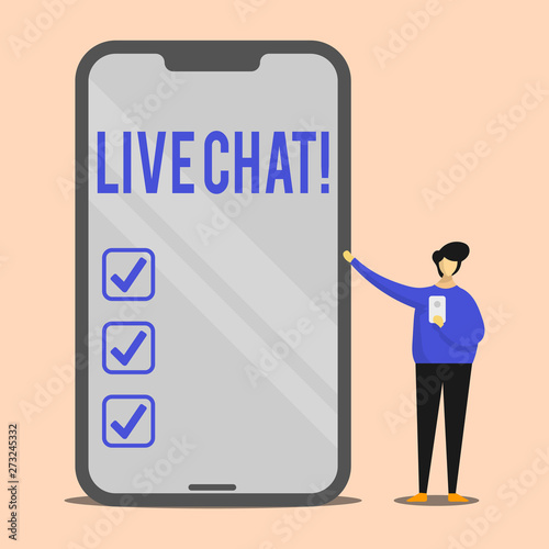 Handwriting text Live Chat. Conceptual photo Real time media conversation Online communicate Man Presenting Huge Blank Screen Smartphone while Holding Another Mobile