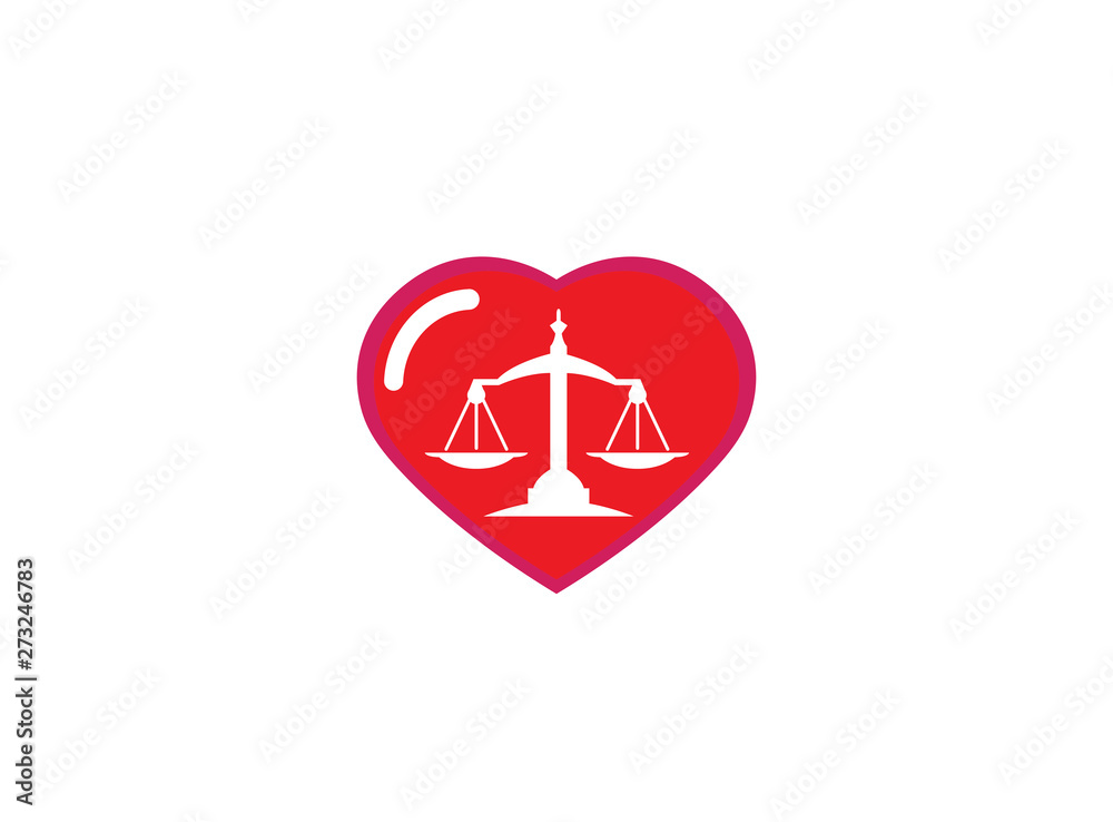 Balance symbol scales logo design illustration, law symbol in a heart shape love icon