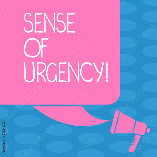 Word writing text Sense Of Urgency. Business photo showcasing first priority or something to be done made quickly Color Silhouette of Blank Square Speech Bubble and Megaphone photo