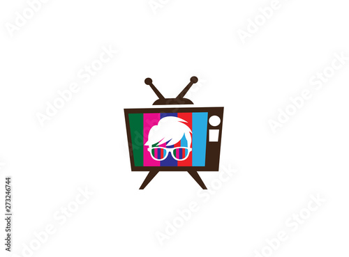 Geek Head with hairstyle wearing glasses for logo design illustration, in an old tv shape multicolors icon