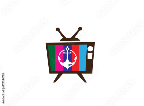 Anchor for boat and yacht for logo design illustration in an old tv shape colors icon