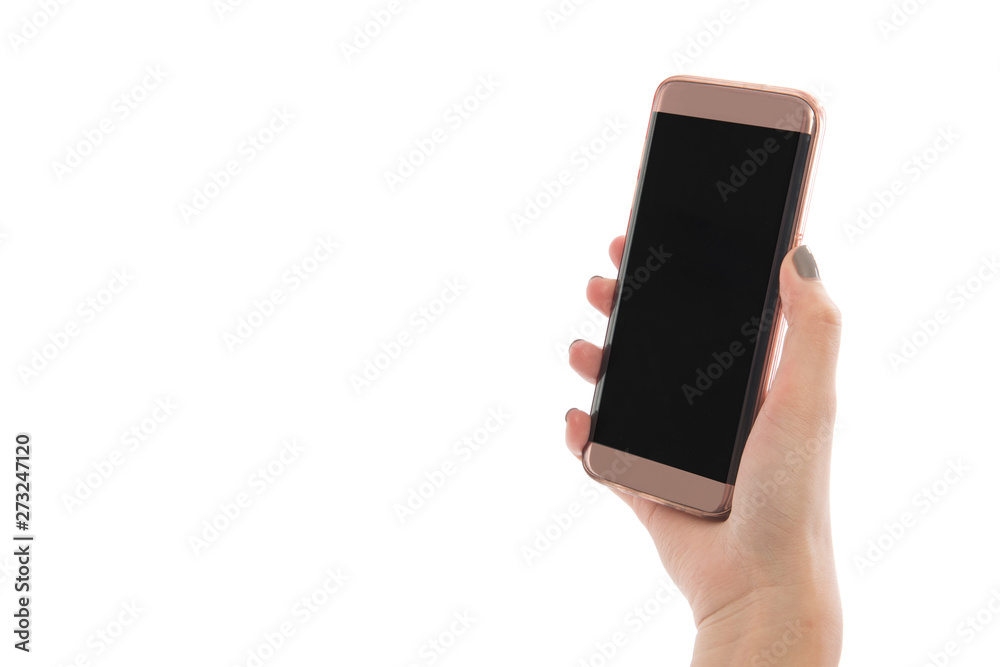 Hand holding phone isolated on white background in studio. Close up hand woman using phone on isolated. Free form copy space.