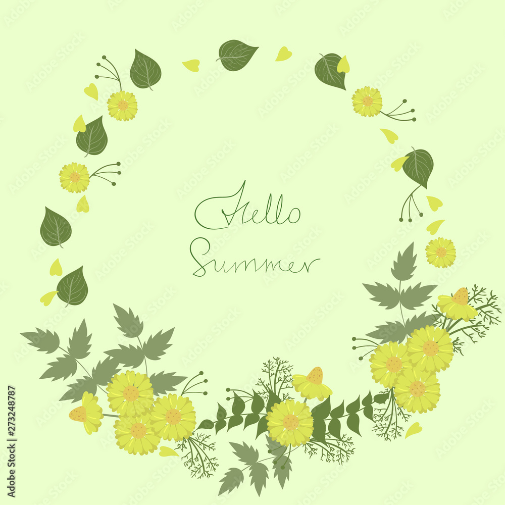 Round frame of flowers with the words hello summer. Vector template. Round frame of flowers with the words hello summer. Vector template.