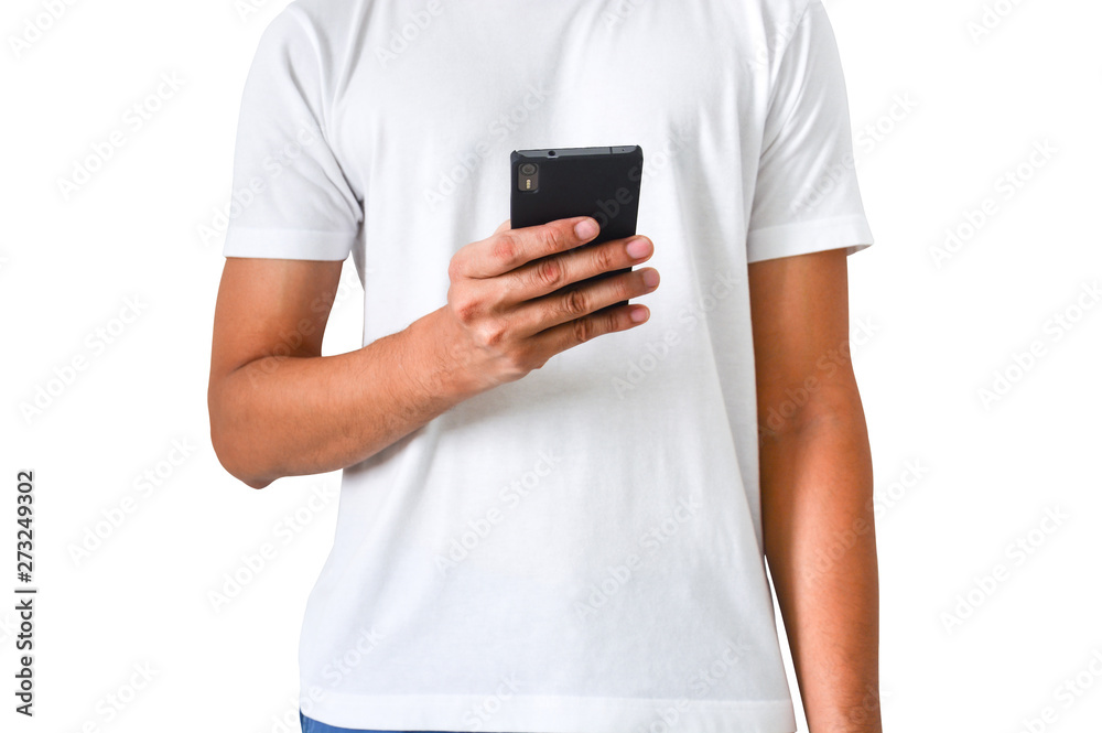 clipping path, man wearing white t-shirt holding and using black smartphone isolated on white background clipping path, man wearing white t-shirt holding and using black smartphone isolated on white background