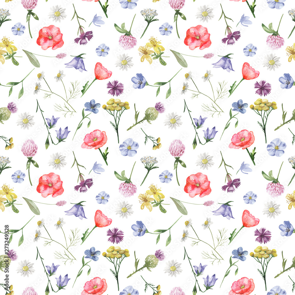 Watercolor seamless pattern with wildflowers. Texture for wallpaper, packaging, fabric, wedding design, prints, textiles, scrapbooking, birthday, cover design.