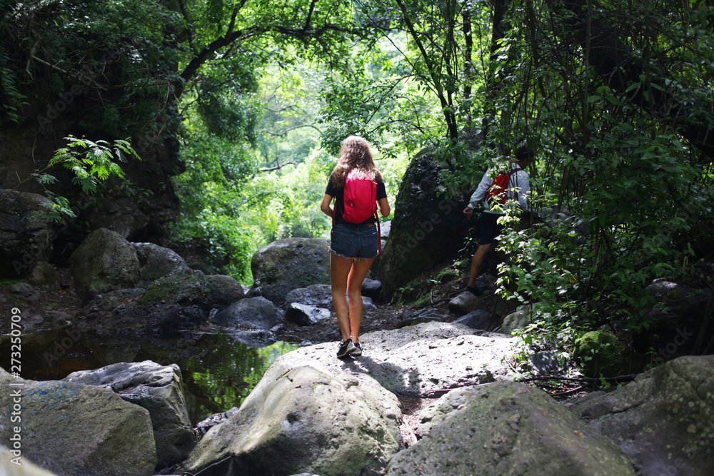 Naklejka premium young woman hiking in mountains 
