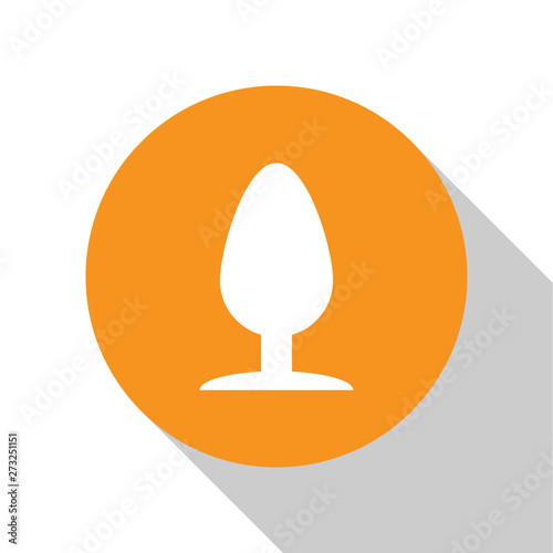 White Anal plug icon isolated on white background. Butt plug sign. Fetish accessory. Sex toy for men and woman. Orange circle button. Vector Illustration