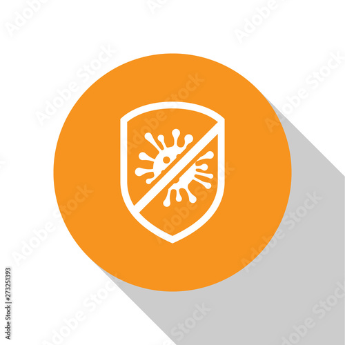White Stop virus, bacteria, germs and microbe icon isolated on white background. Antibacterial and antiviral defence, protection infection. Orange circle button. Vector Illustration