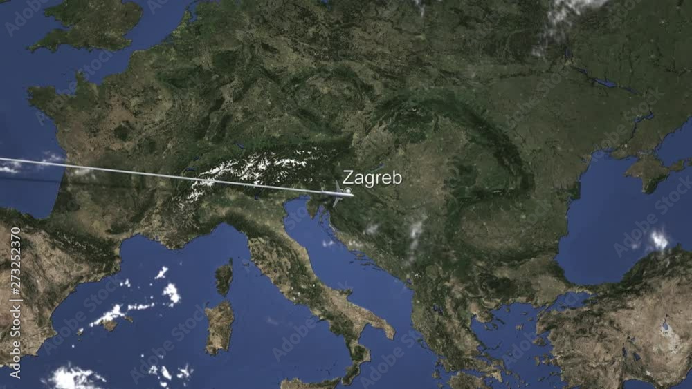 Route of a commercial plane flying to Zagreb, Croatia on the map. Intro 3D animation 