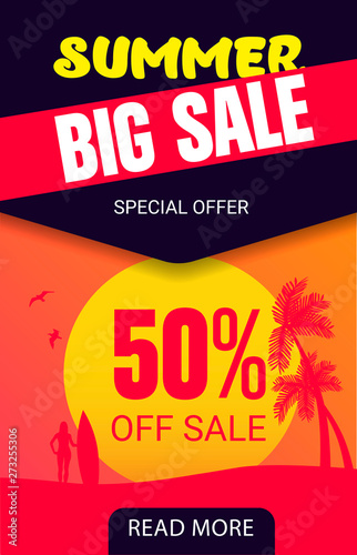 Summer big sale web banner with sunset beach, palms, surf, girl silhuette.  Vector elements for discount flyer, promotion stickers,web banner and poster design.