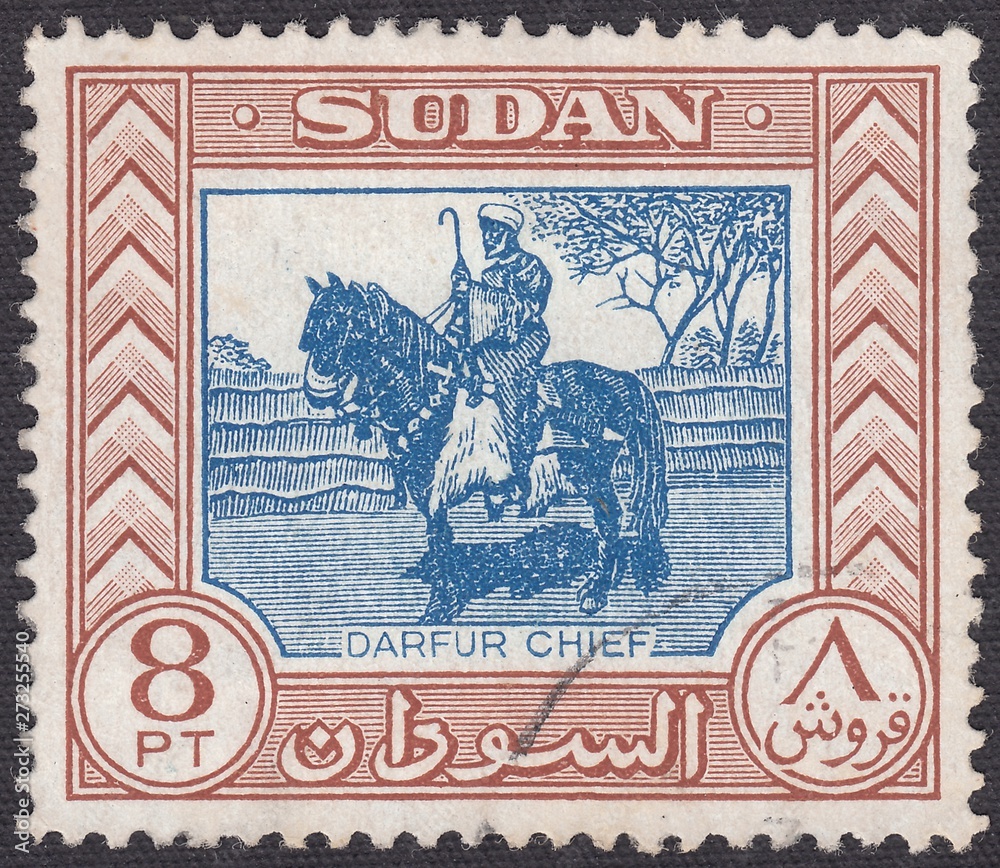 Obraz premium Chief of Darfur on horseback, stamp Sudan 1951