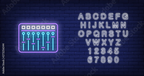 Mixing desk neon sign. Luminous signboard with turntable. Night bright advertisement. Vector illustration in neon style for record studio, party, disco