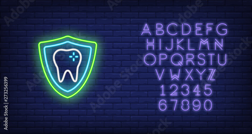 Tooth with protection shield neon sign. Stomatology and dental clinic advertisement design. Night bright neon sign, colorful billboard, light banner. Vector illustration in neon style.