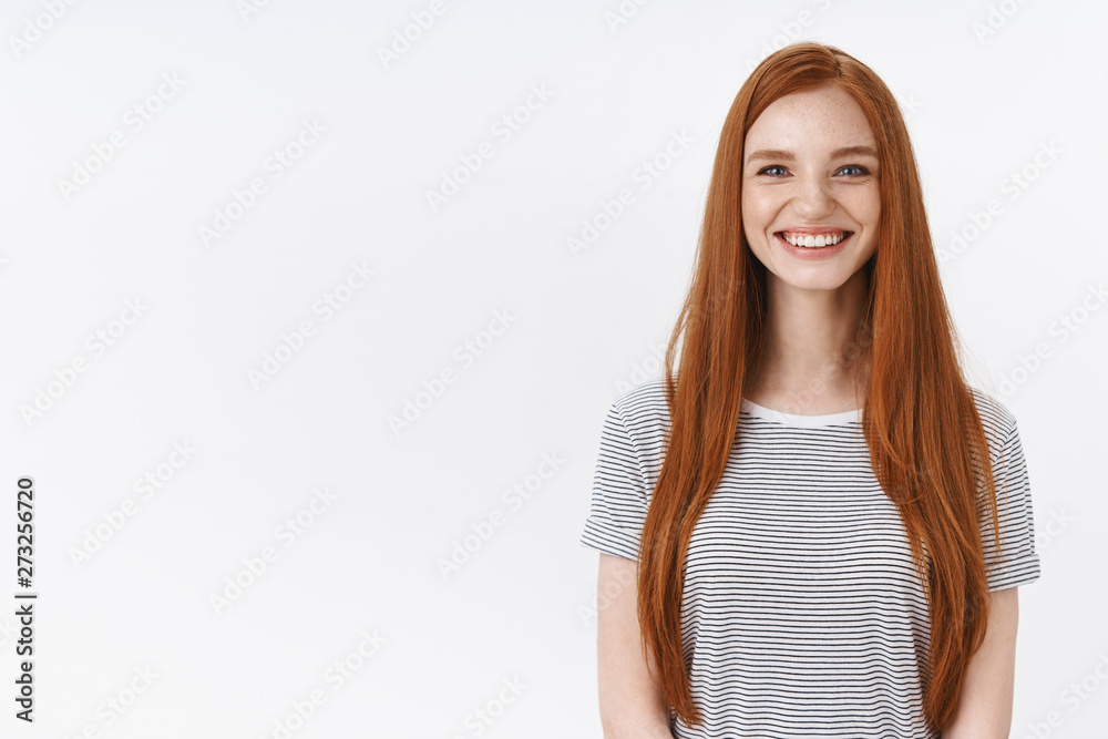 Cheerful friendly happy smiling ginger girl striped t-shirt have fun enjoying joyful company talking happily pleasantly offer help, student meeting newbies give walkthrough, standing white background Cheerful friendly happy smiling ginger girl striped t-shirt have fun enjoying joyful company talking happily pleasantly offer help, student meeting newbies give walkthrough, standing white background