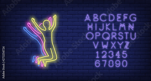 Jumping guy. Neon sign on brick wall background. Hologram, virtual, augment reality. VR concept. Vector illustration in neon style for banners, flyers, advertising