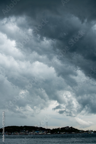 storm cloud background during raining. Dark Clouds. Huge black clouds on dark sky before a thunder-storm.