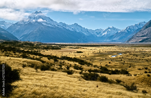 Mount Cook behind a valley on the south island of New Zealand