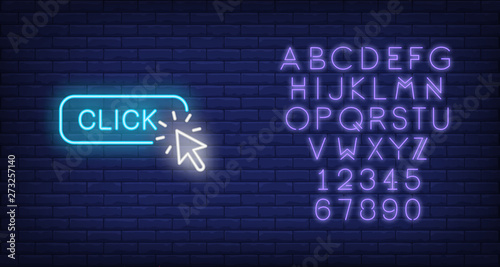 Click neon sign. Luminous signboard with arrow cursor. Night bright advertisement. Vector illustration in neon style for online commercial, online store