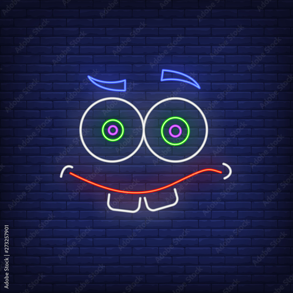 Funny emoticon neon sign. Face expression, emotion design. Night bright ...