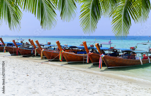 Wooden boats parking at the white beach on tropical sea with green water, blue sky and sunlight , and have green palm leafs on top.