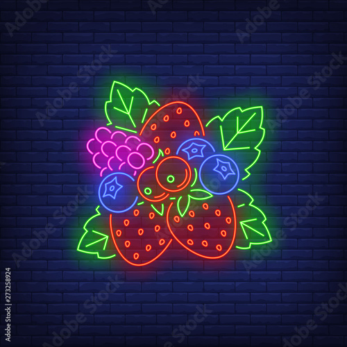 Strawberries, blueberries, red currants and raspberry neon sign. Food, fruit, berry, vitamin design. Night bright neon sign, colorful billboard, light banner. Vector illustration in neon style.