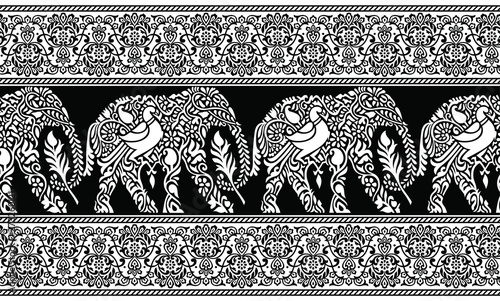 Seamless traditional indian black and white elephant border