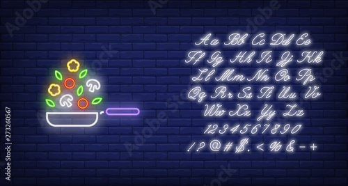 Frying pan and vegetable ingredients neon sign. Cooking, kitchen and restaurant advertisement design. Night bright neon sign, colorful billboard, light banner. Vector illustration in neon style.
