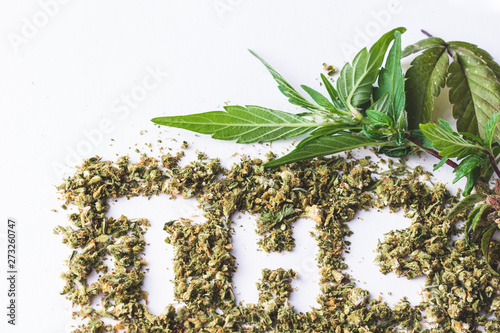 THC Acronym In Marijuana Shake With Cannabis Leafs On White Background  photo