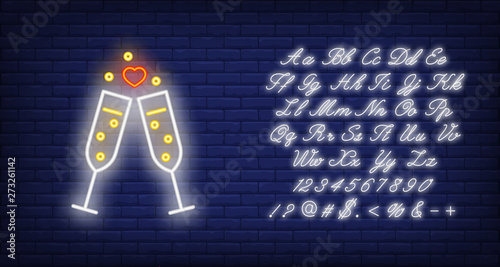 Flutes neon sign. Luminous signboard with champagne glasses. Night bright advertisement. Vector illustration in neon style for celebration, party