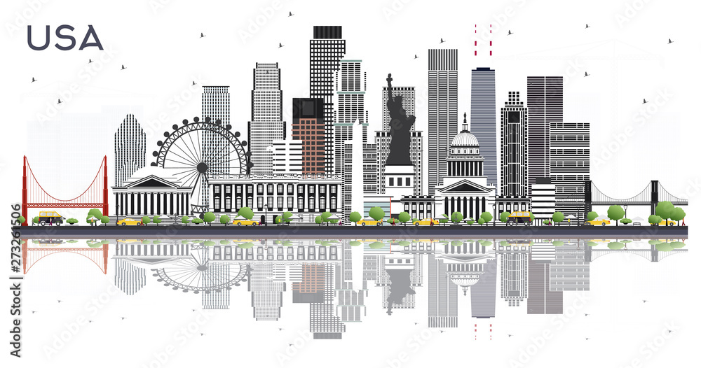 USA City Skyline with Gray Buildings and Reflections Isolated on White.