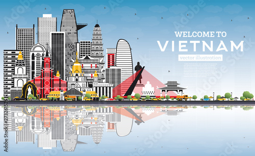 Welcome to Vietnam Skyline with Gray Buildings and Blue Sky.