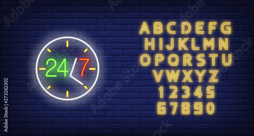 Twenty four hours seven days service neon sign. Round clock service advertisement design. Night bright neon sign, colorful billboard, light banner. Vector illustration in neon style.